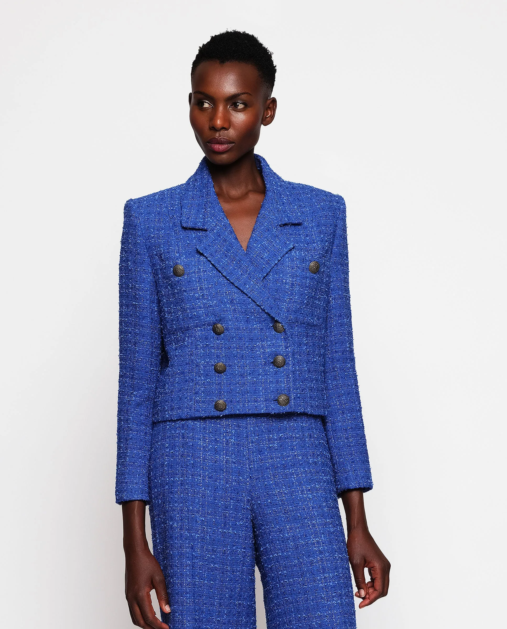 Chaqueta cruzada azul de tweed brillante