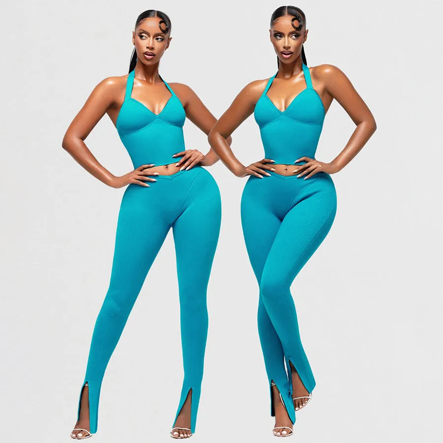 Chic Halter Neck V-Neck Top and High-Waisted Trousers Two-Piece Set