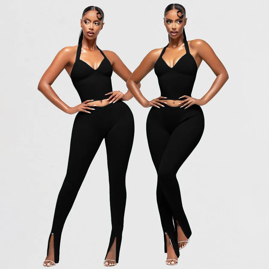 Chic Halter Neck V-Neck Top and High-Waisted Trousers Two-Piece Set