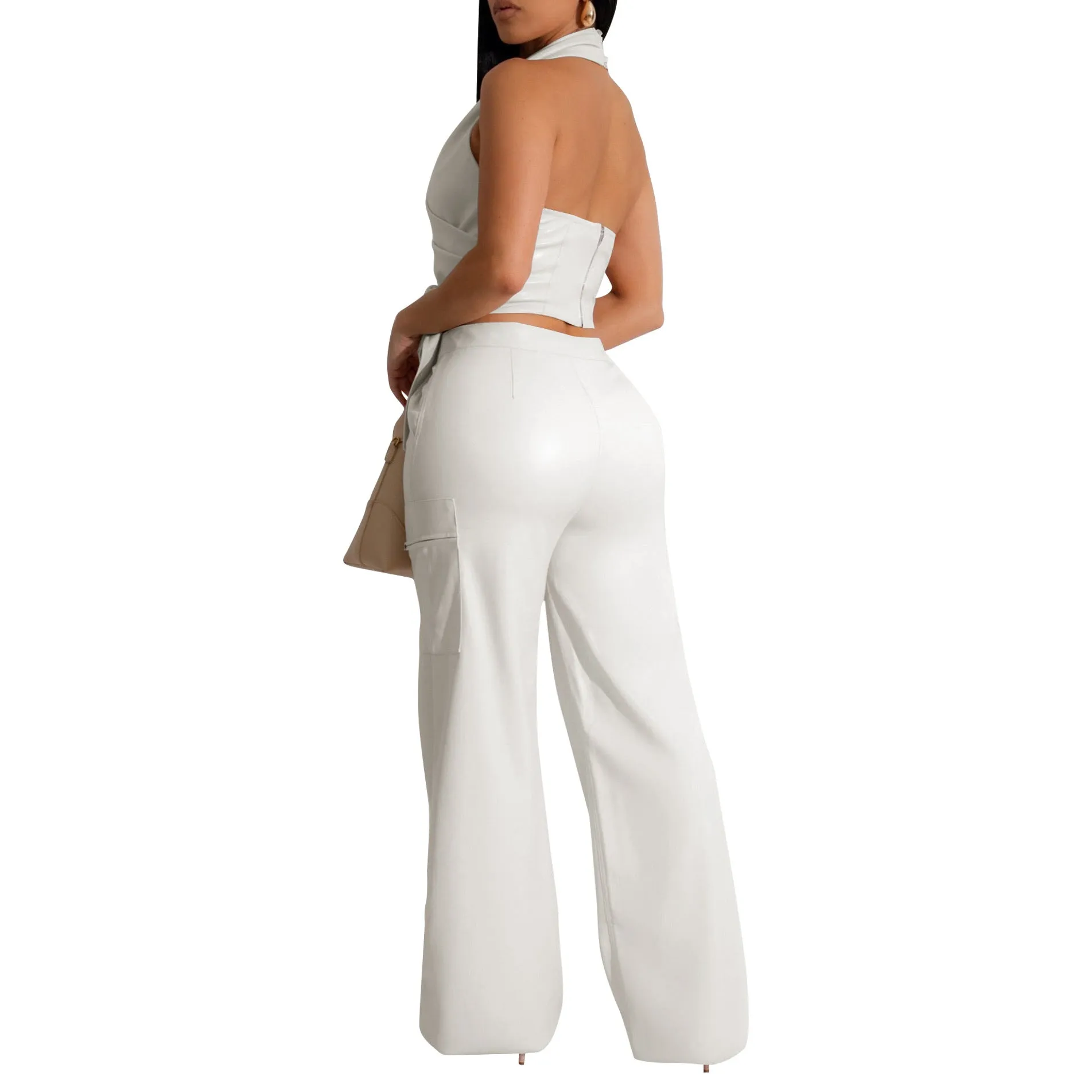 Chic Sleeveless Halter Neck PU Leather Two-Piece Set