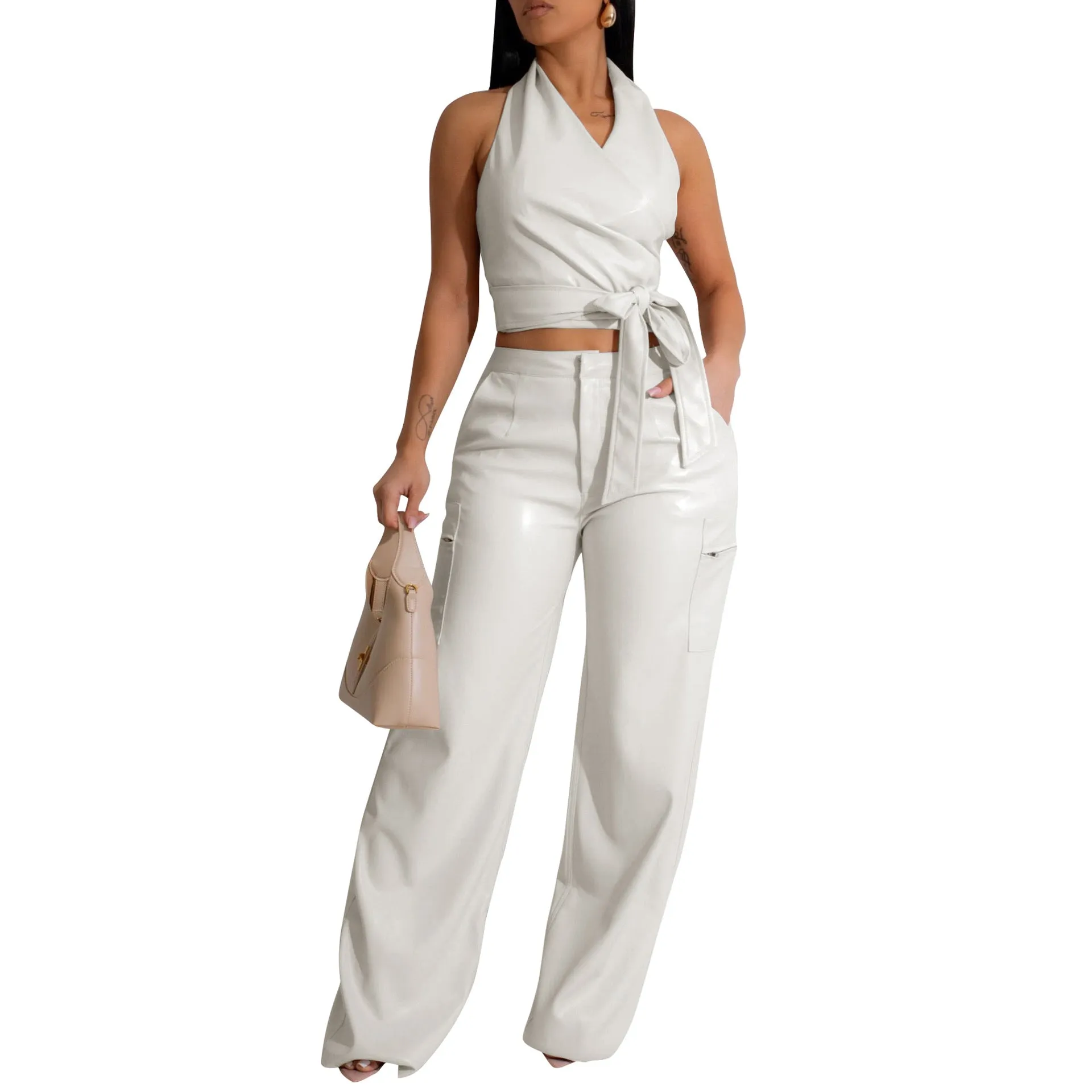 Chic Sleeveless Halter Neck PU Leather Two-Piece Set