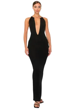 Classic Black Halter Necklace Trim Long Dress