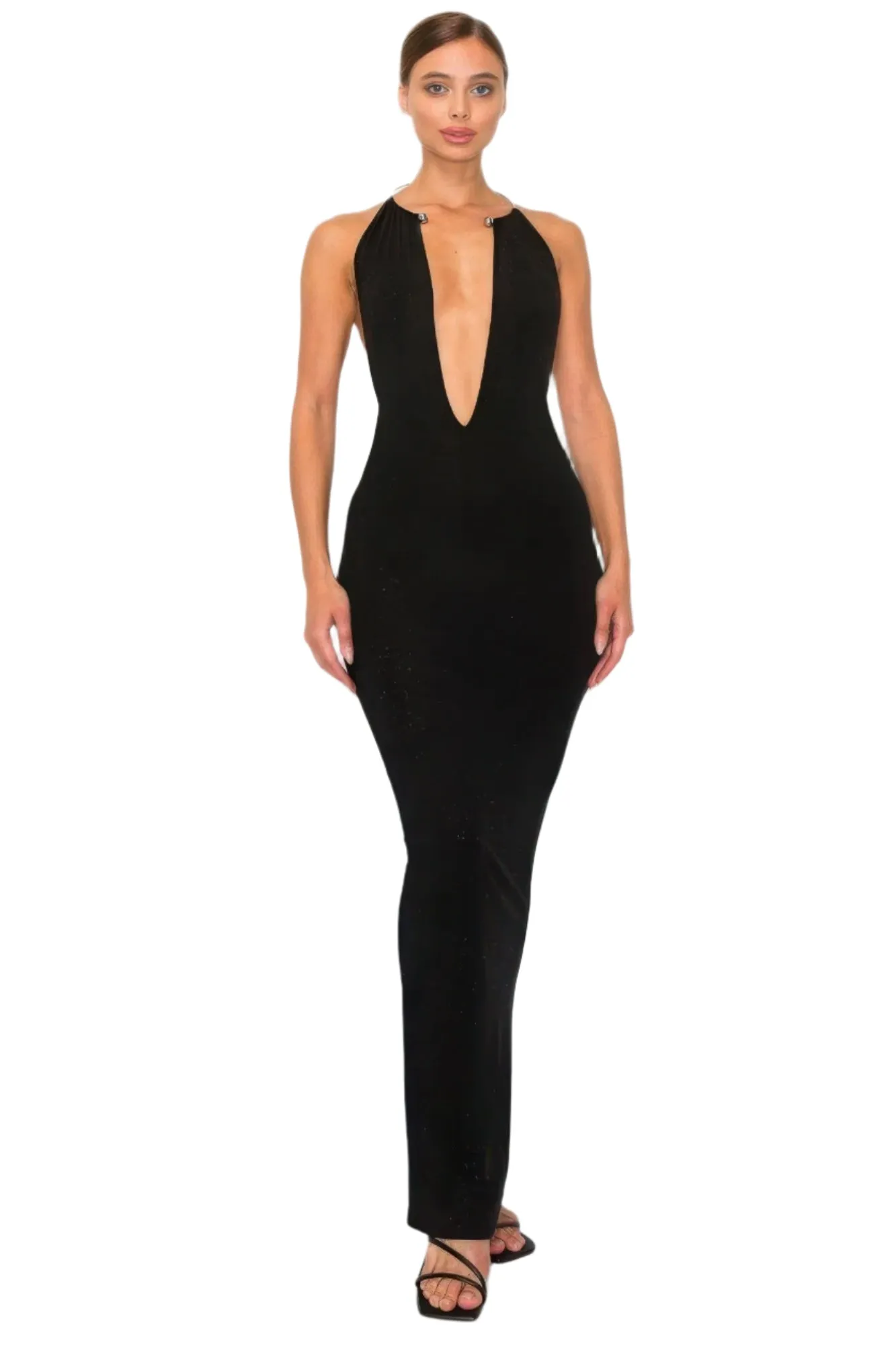 Classic Black Halter Necklace Trim Long Dress