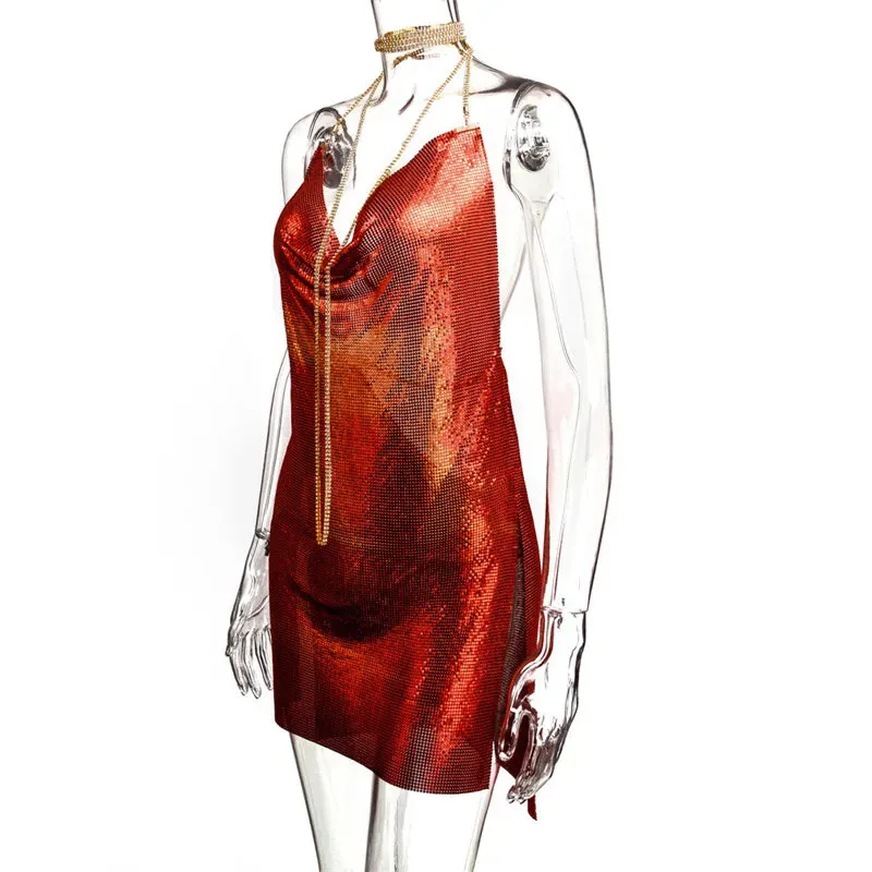 Club Crystal Metal Party Glitter Halter Mini Dress