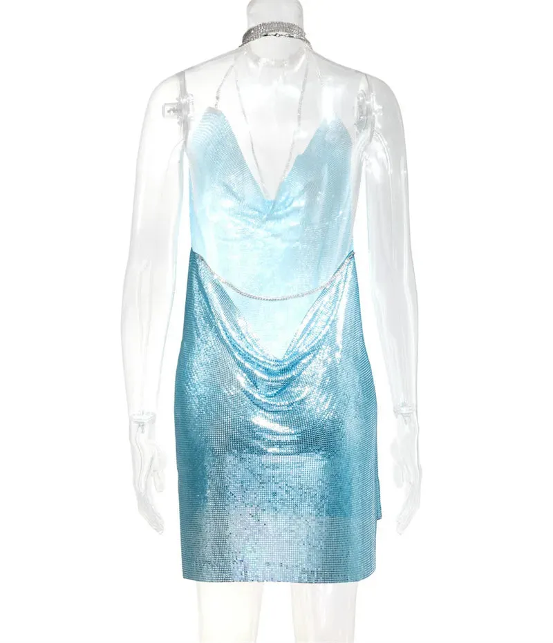 Club Crystal Metal Party Glitter Halter Mini Dress