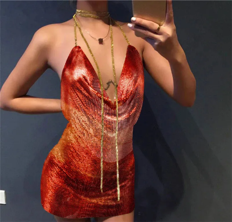 Club Crystal Metal Party Glitter Halter Mini Dress