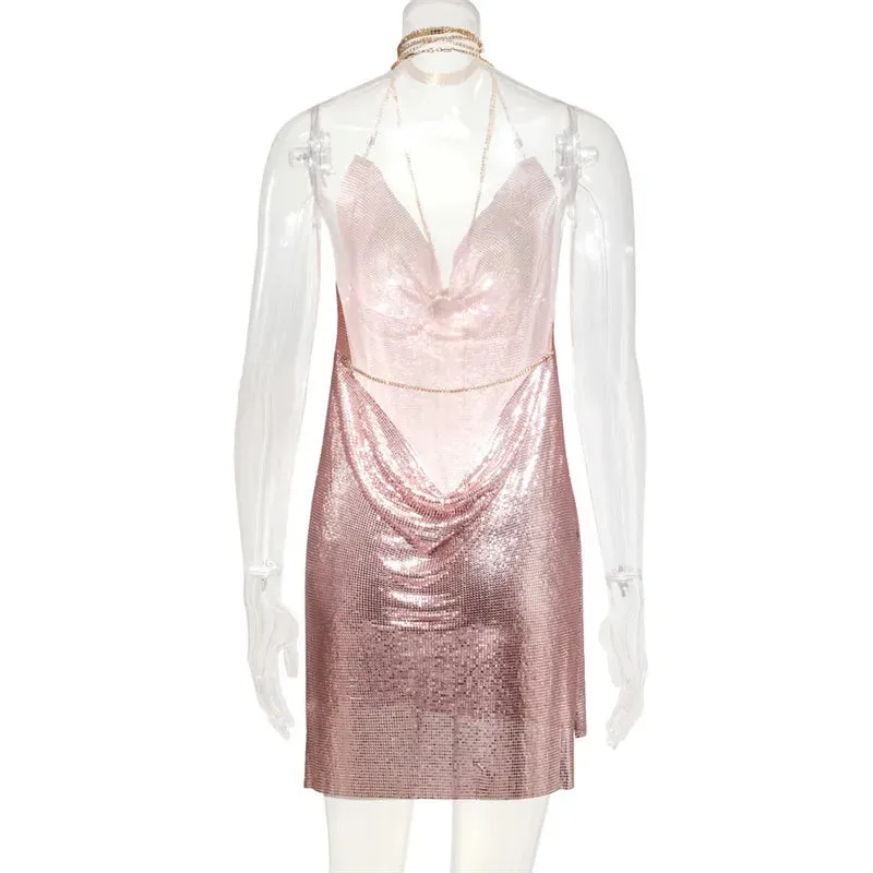 Club Crystal Metal Party Glitter Halter Mini Dress