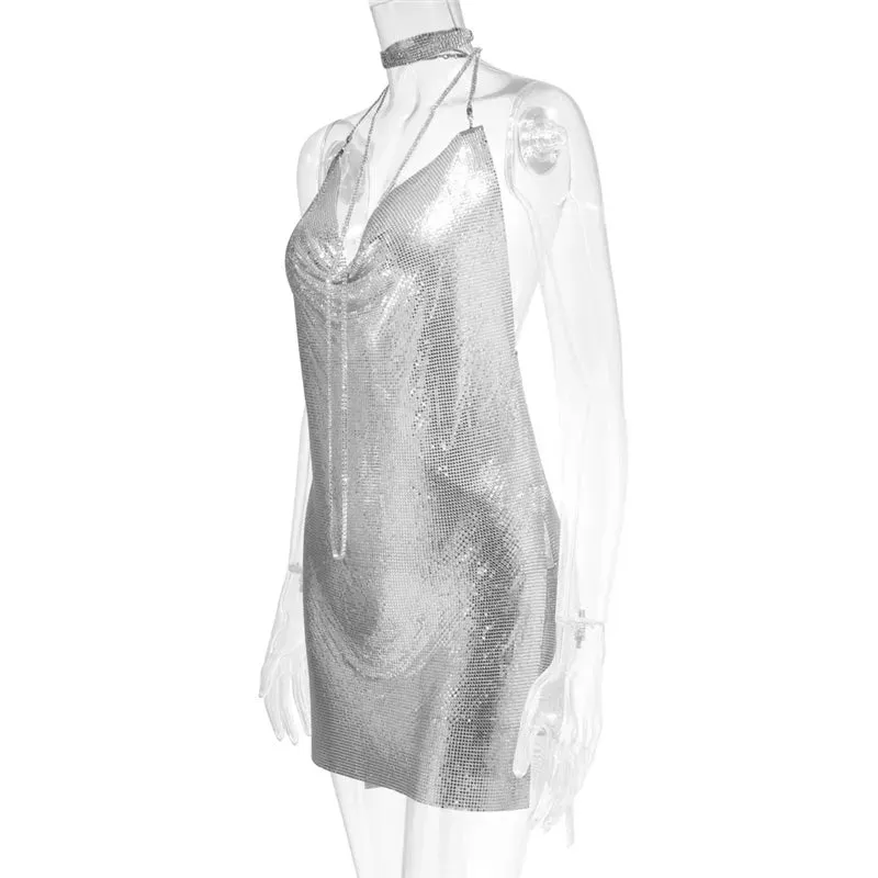 Club Crystal Metal Party Glitter Halter Mini Dress