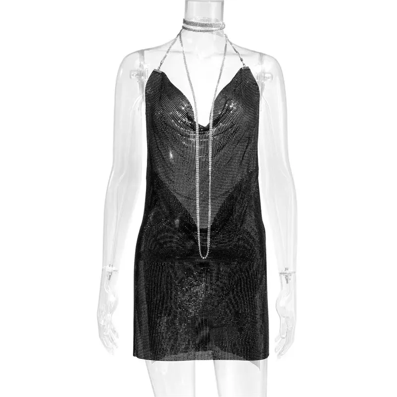 Club Crystal Metal Party Glitter Halter Mini Dress