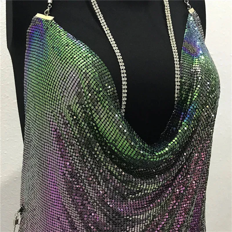 Club Crystal Metal Party Glitter Halter Mini Dress