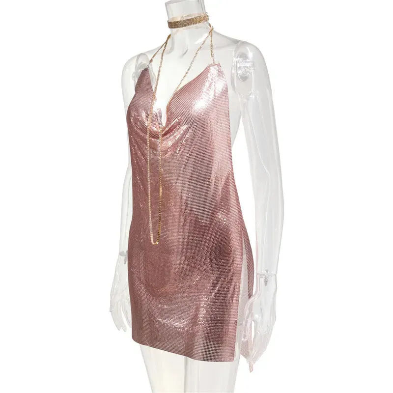 Club Crystal Metal Party Glitter Halter Mini Dress