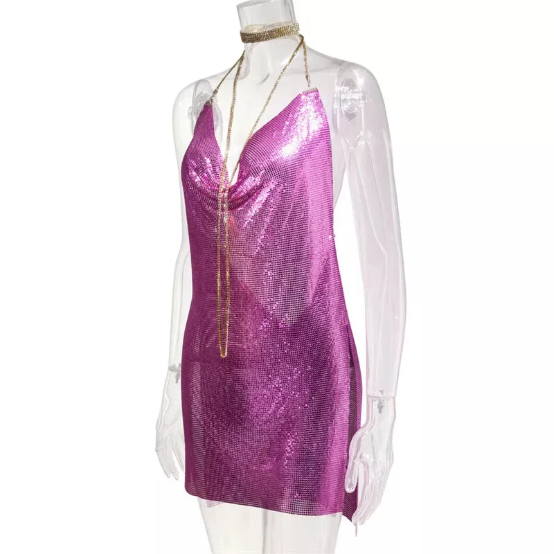Club Crystal Metal Party Glitter Halter Mini Dress