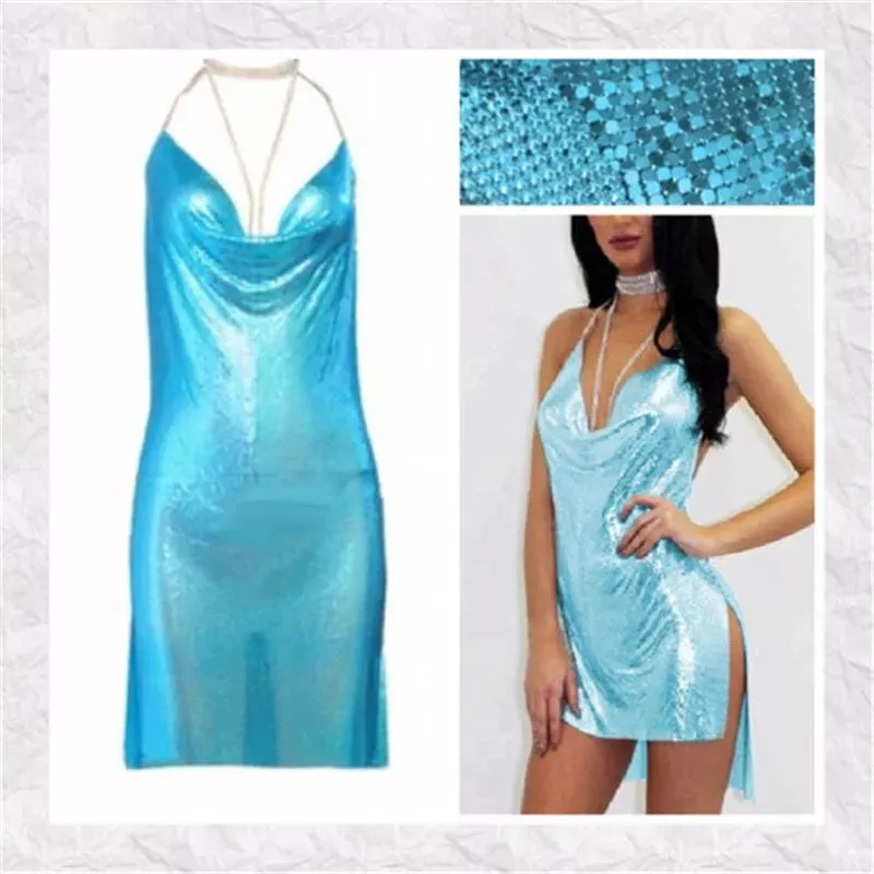Club Crystal Metal Party Glitter Halter Mini Dress