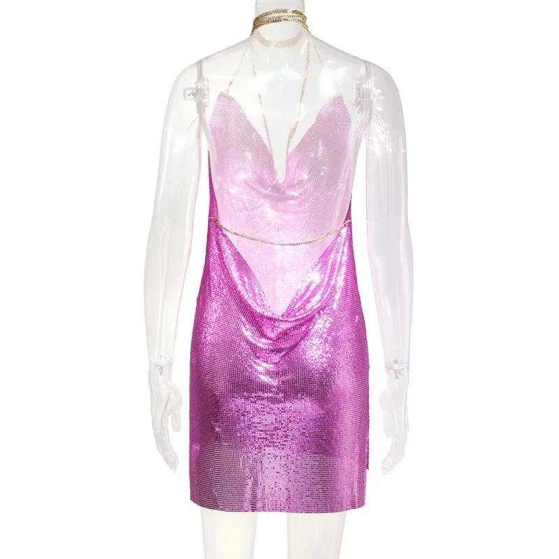 Club Crystal Metal Party Glitter Halter Mini Dress