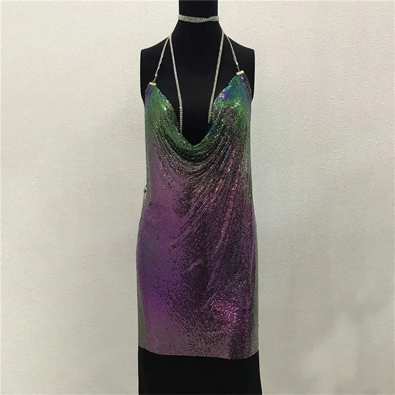 Club Crystal Metal Party Glitter Halter Mini Dress