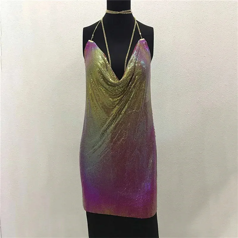 Club Crystal Metal Party Glitter Halter Mini Dress