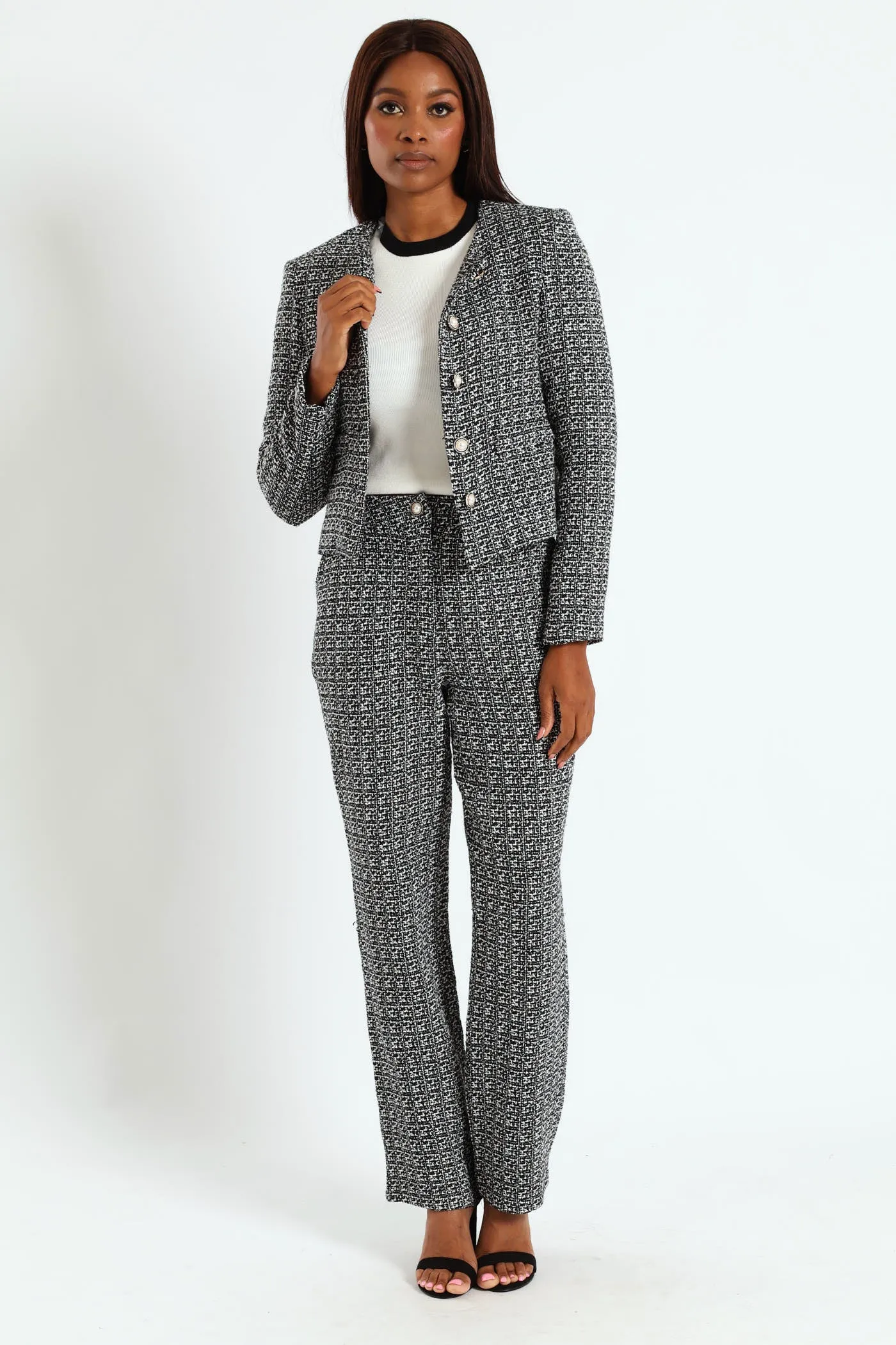 Collarless Tweed Blazer - Cream/Black