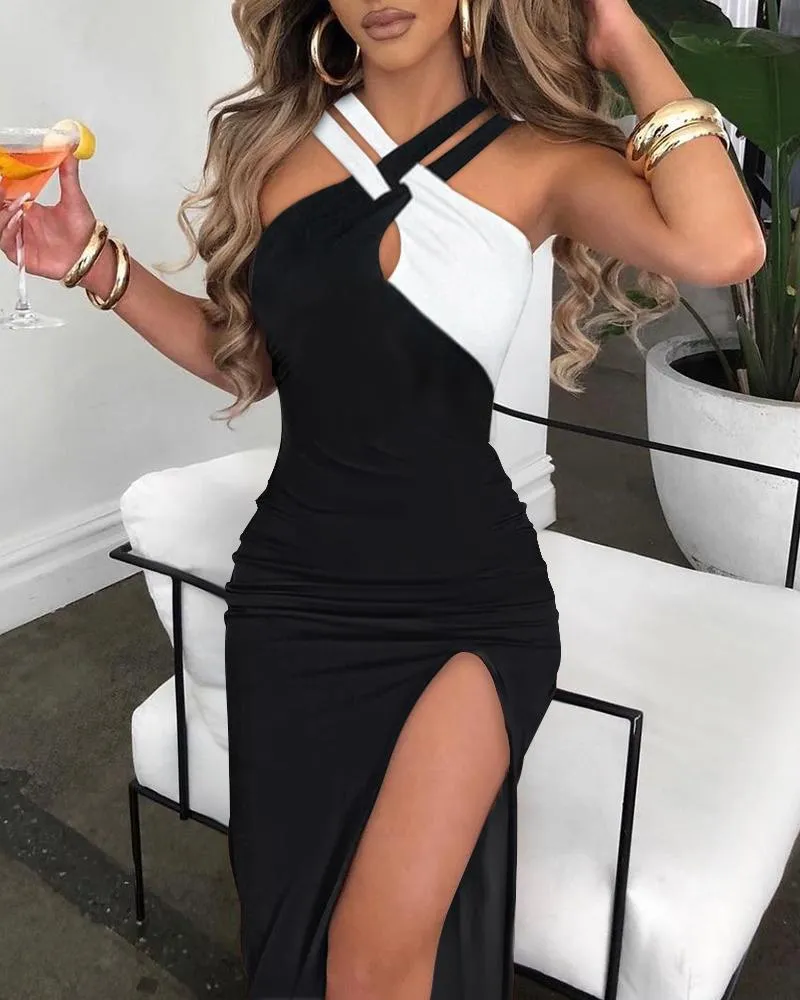 Colorblock Crisscross Halter High Slit Dress