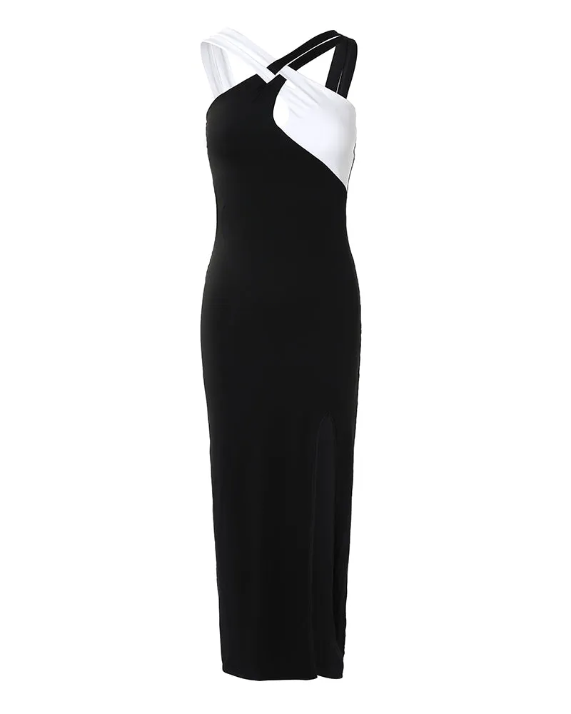 Colorblock Crisscross Halter High Slit Dress