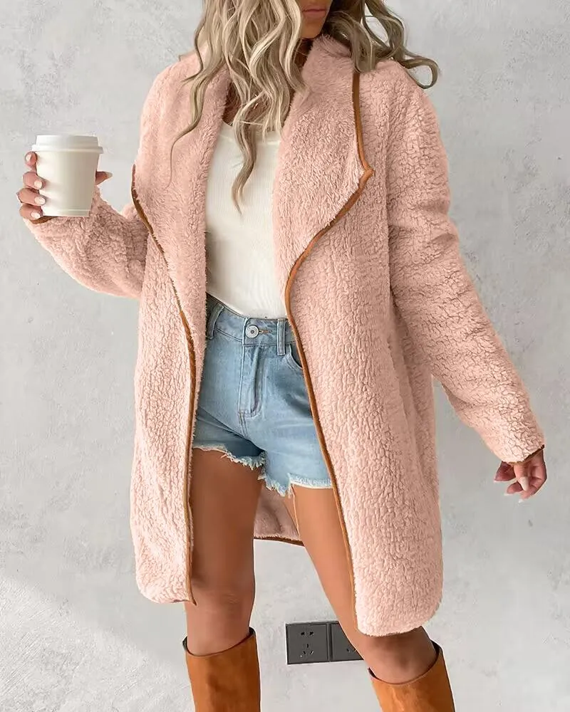 Contrast Binding Pocket Design Longline Teddy Coat