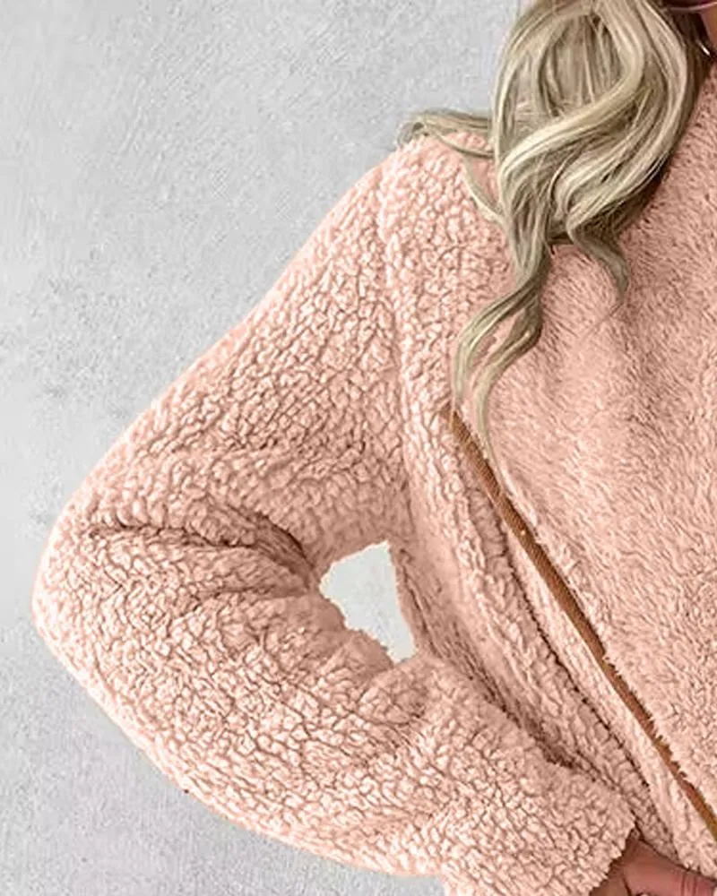 Contrast Binding Pocket Design Longline Teddy Coat