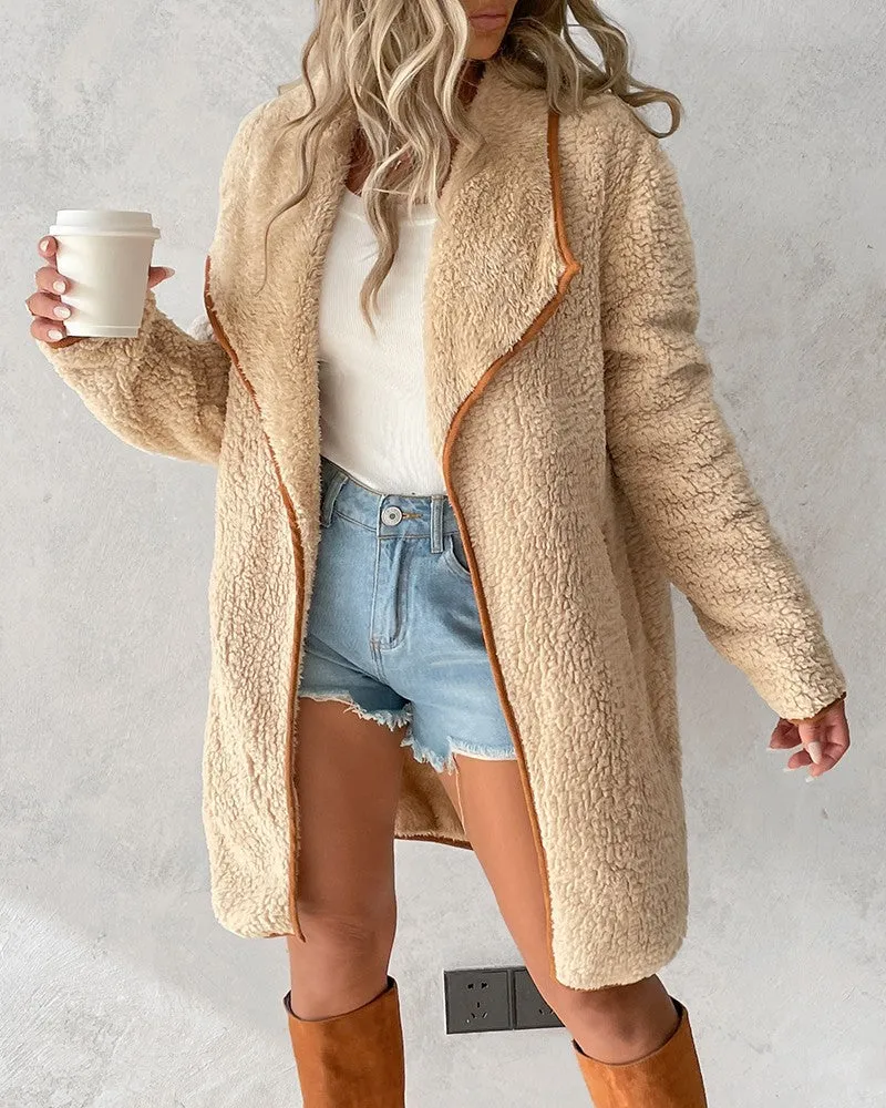 Contrast Binding Pocket Design Longline Teddy Coat