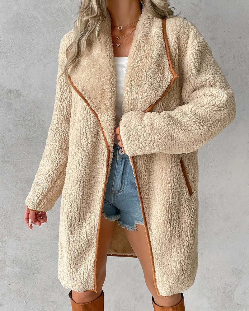 Contrast Binding Pocket Design Longline Teddy Coat