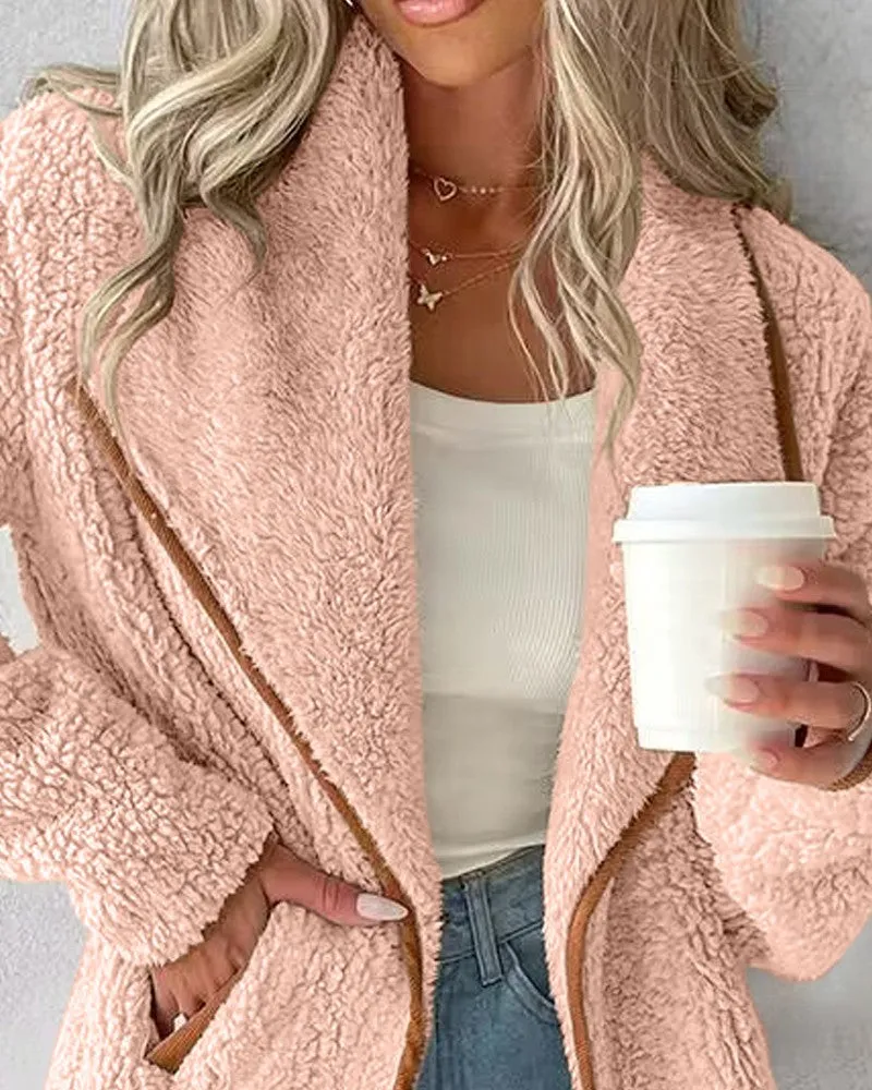 Contrast Binding Pocket Design Longline Teddy Coat
