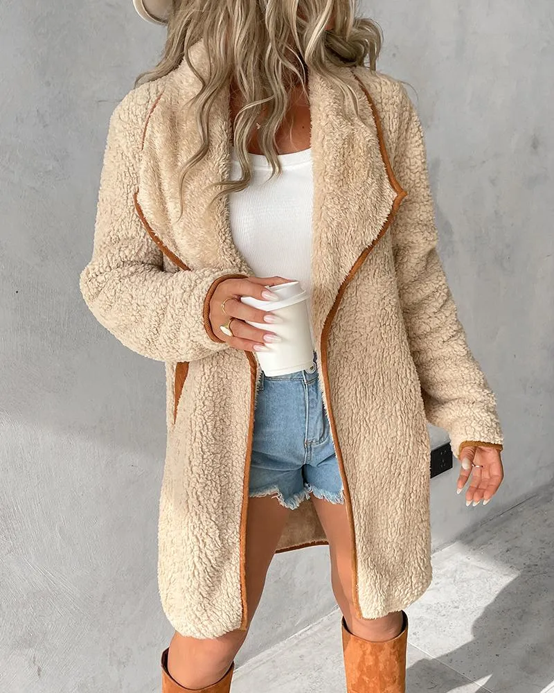 Contrast Binding Pocket Design Longline Teddy Coat