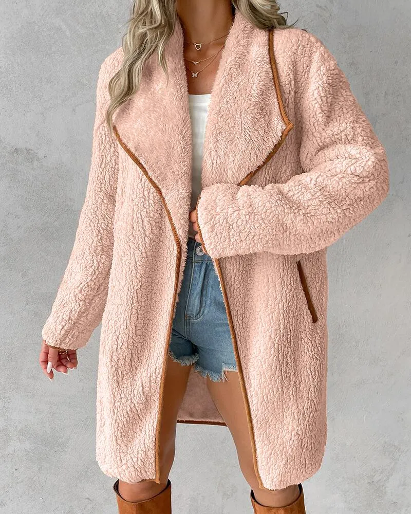 Contrast Binding Pocket Design Longline Teddy Coat
