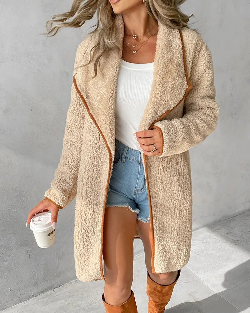 Contrast Binding Pocket Design Longline Teddy Coat