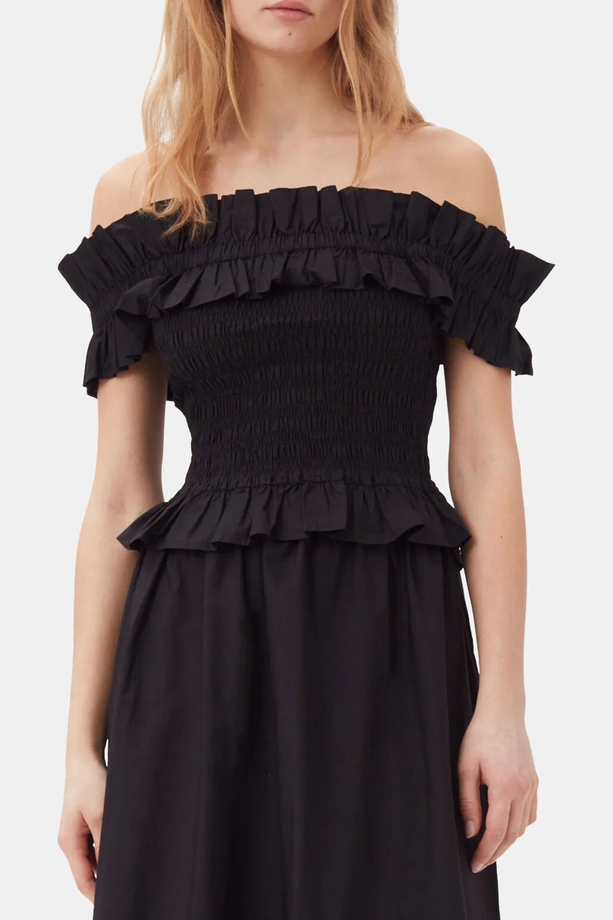 Cotton Poplin Off-Shoulder Smock Top in Black