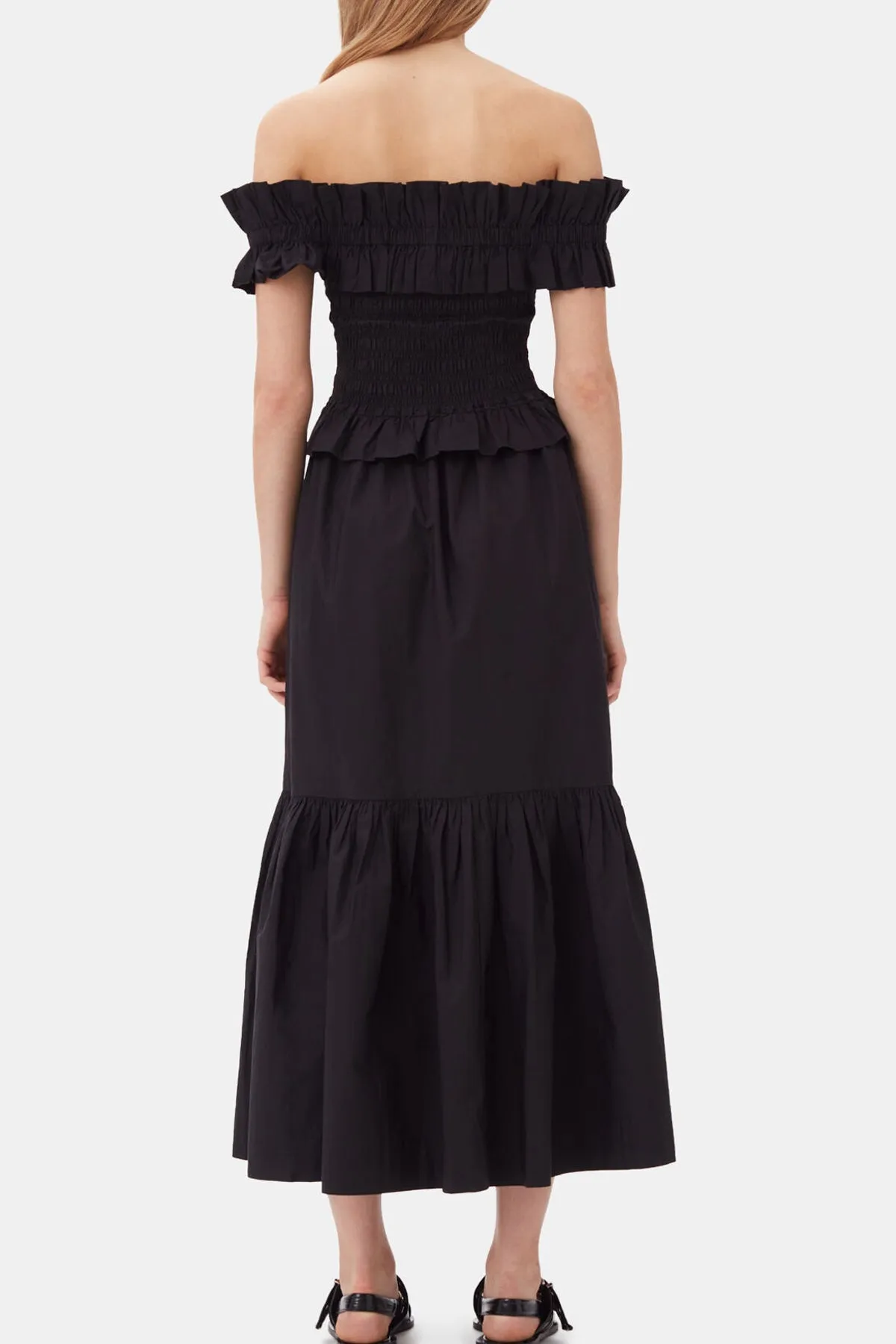 Cotton Poplin Off-Shoulder Smock Top in Black