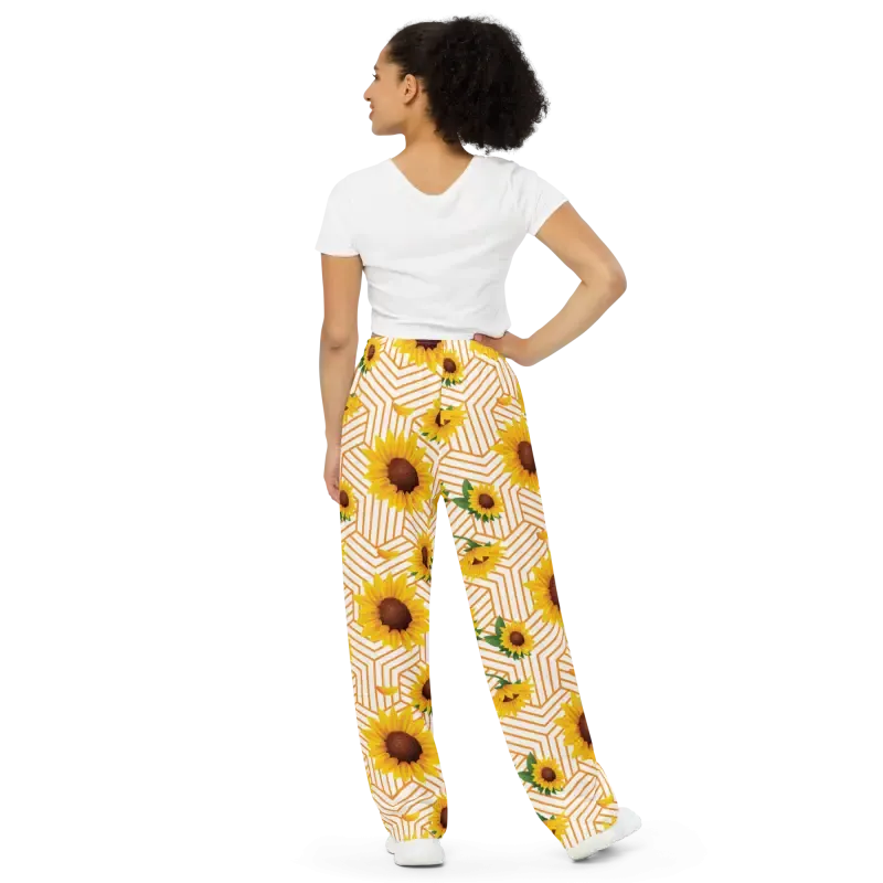 Cozy Luxury Yellow Flowers Pattern Wide Leg Pants
