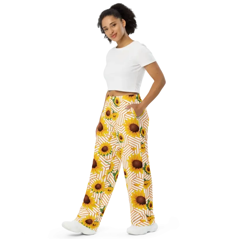 Cozy Luxury Yellow Flowers Pattern Wide Leg Pants