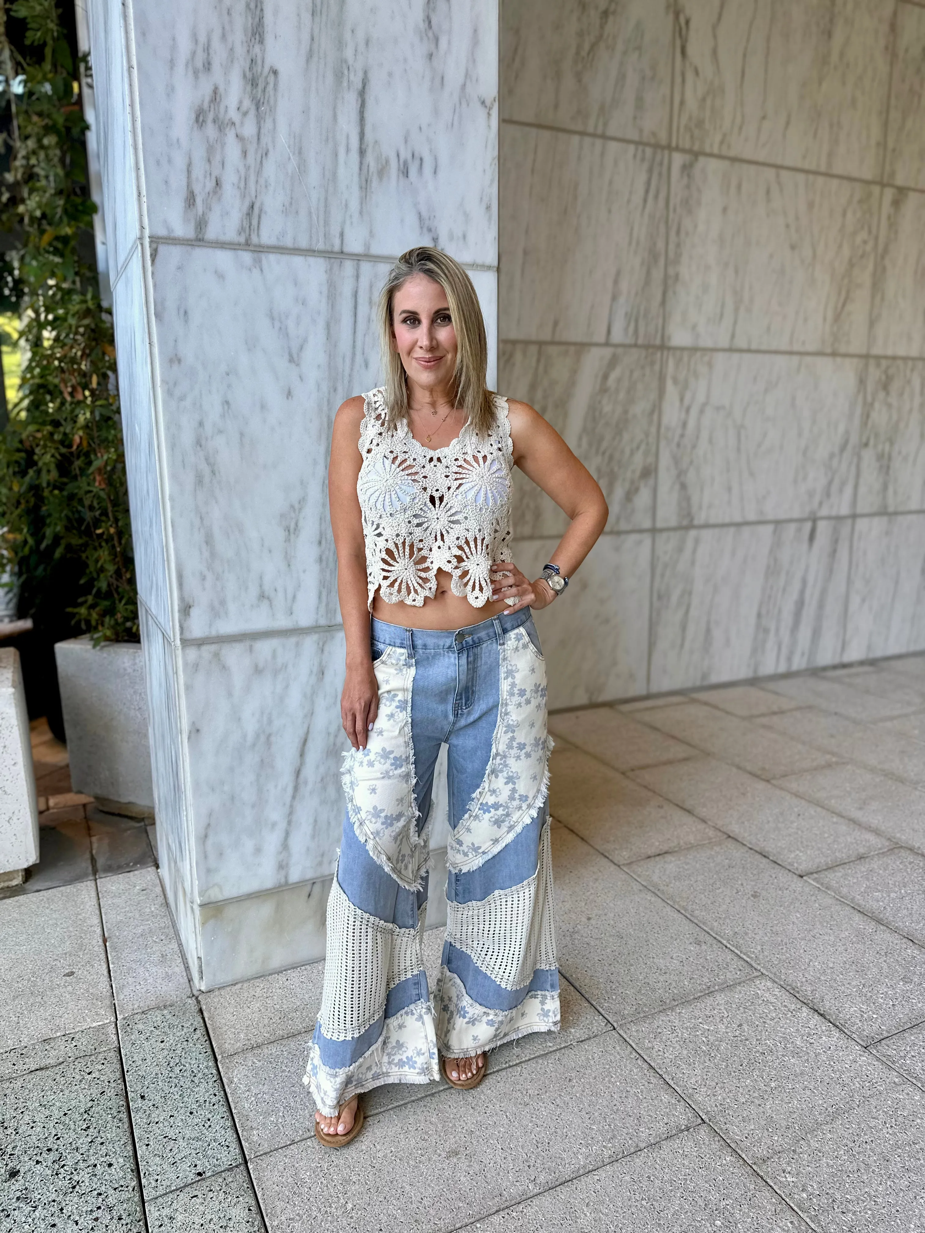 Crochet Details Wide Leg Pants