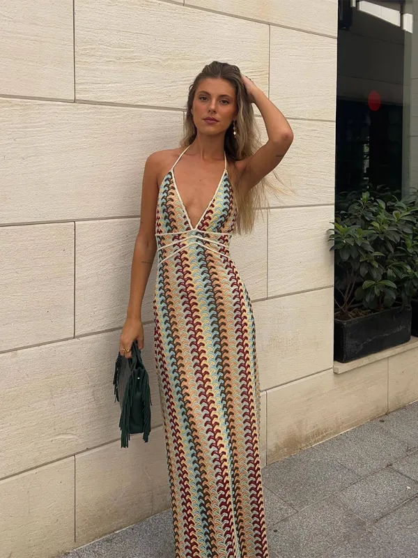 Crochet Maxi Dress with Geometric Pattern and Halter Neck
