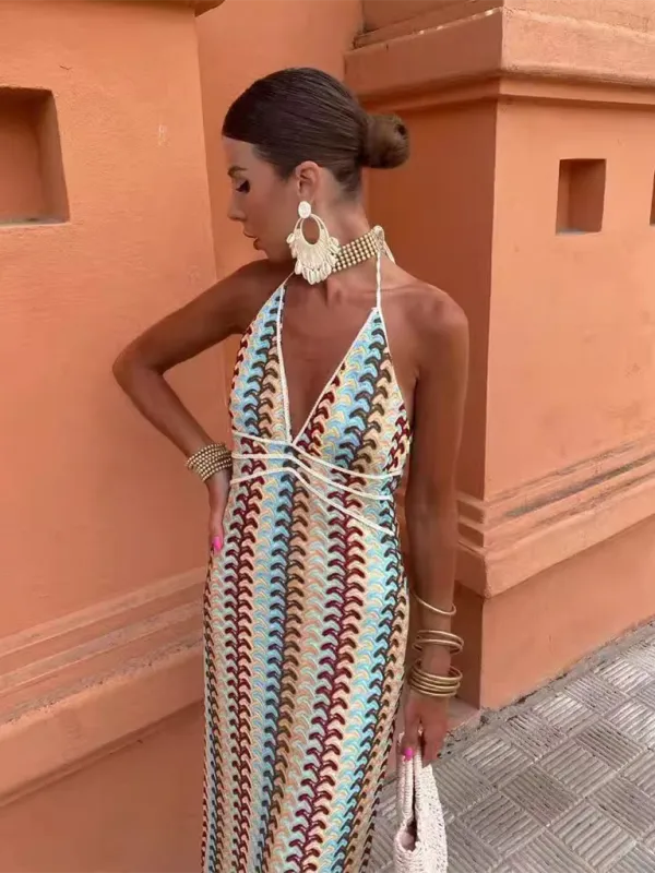 Crochet Maxi Dress with Geometric Pattern and Halter Neck