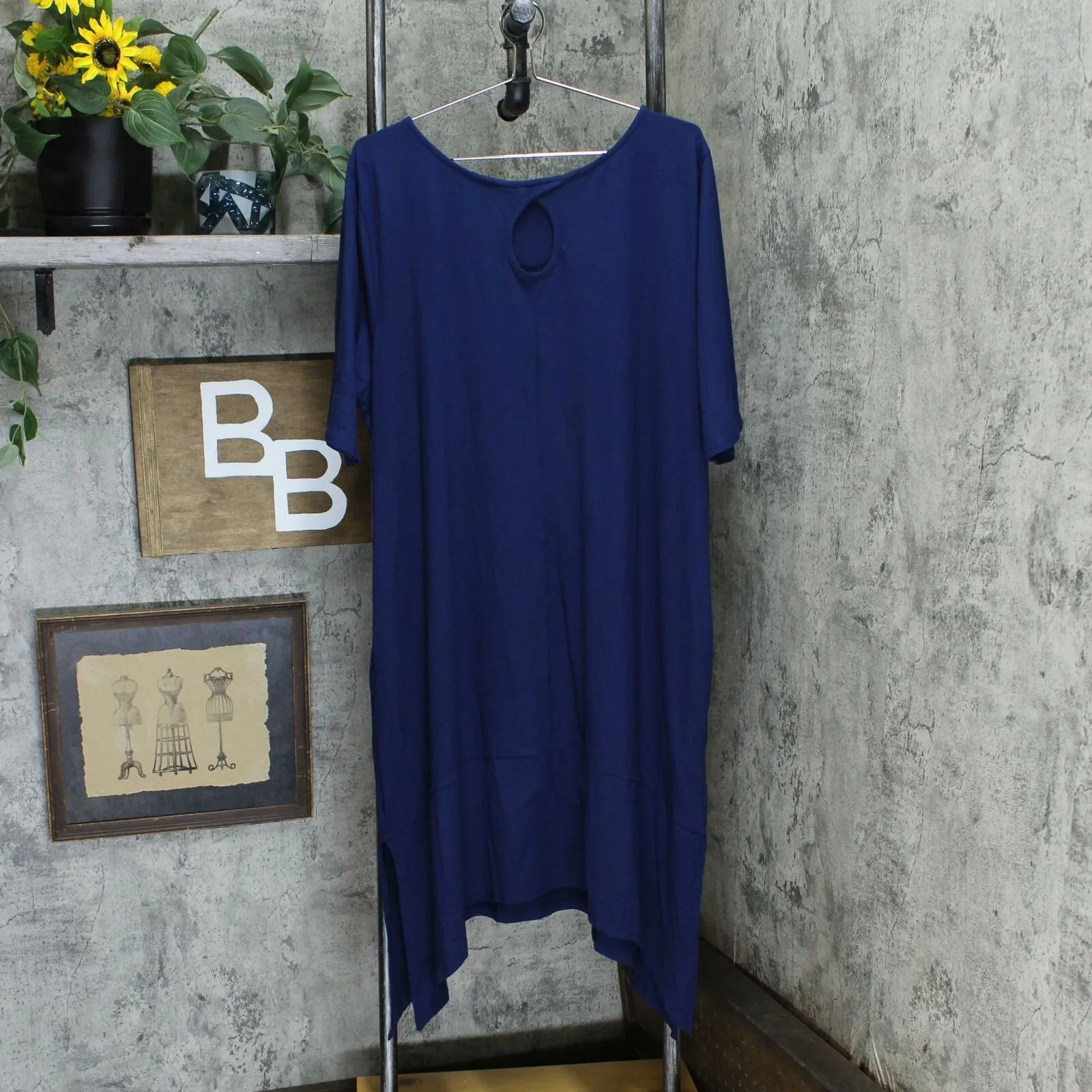 Cuddl Duds Elbow Sleeve Handkerchief Hem Dress Navy Plus 3X Petite