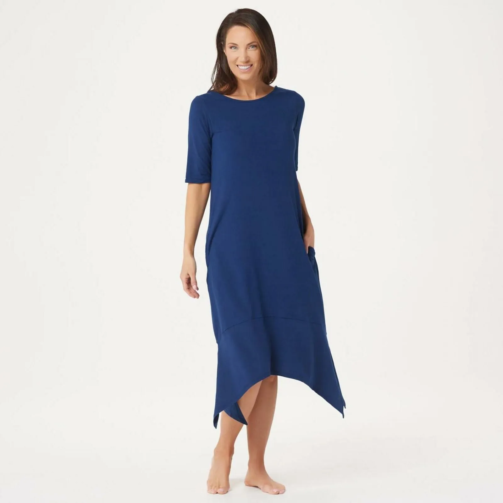 Cuddl Duds Elbow Sleeve Handkerchief Hem Dress Navy Plus 3X Petite