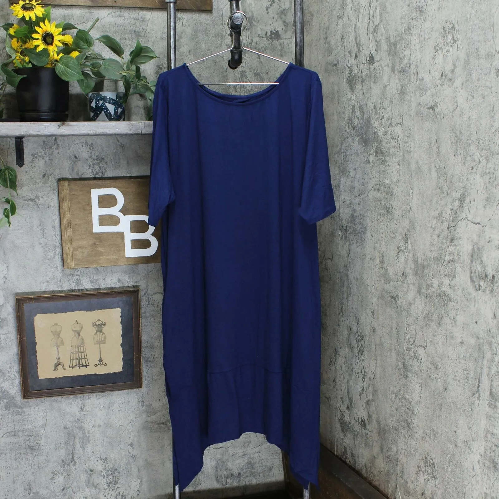 Cuddl Duds Elbow Sleeve Handkerchief Hem Dress Navy Plus 3X Petite