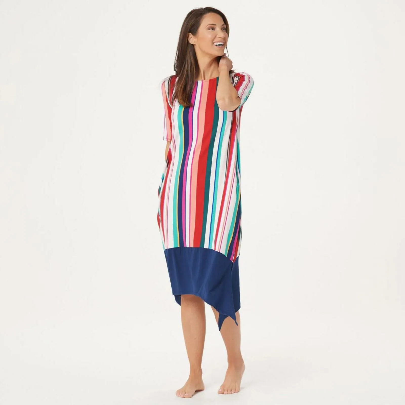 Cuddl Duds Petite Flexwear Elbow-Sleeve Rainbow Hem Dress Multi Stripe PM