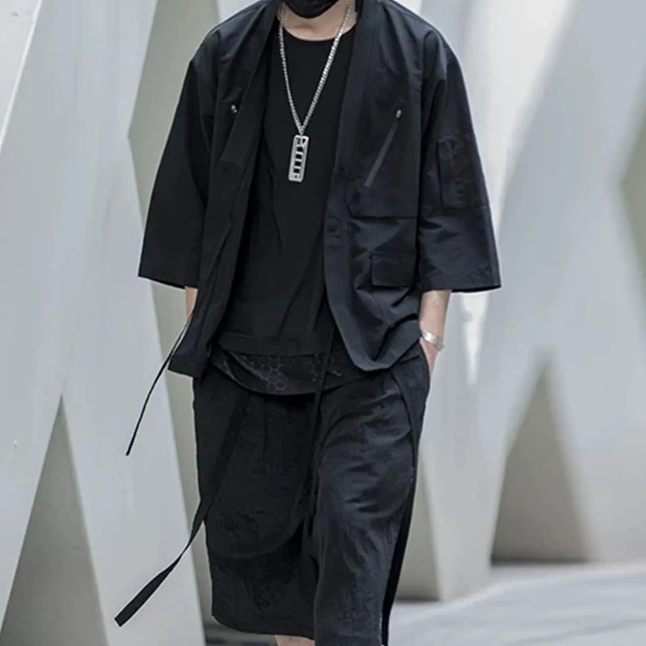 Dark Functional Half Sleeve Multi-pocket Cardigan Jacket