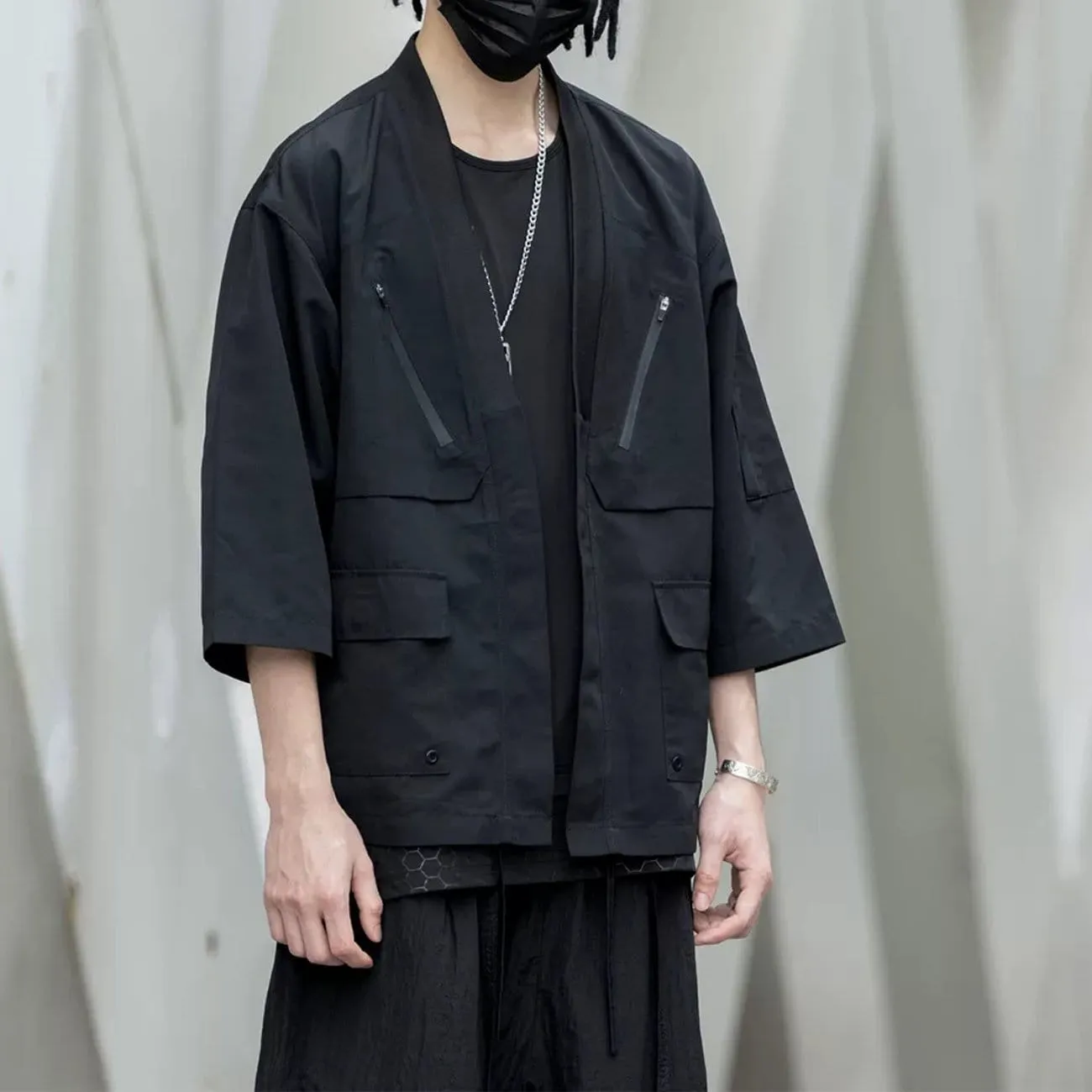 Dark Functional Half Sleeve Multi-pocket Cardigan Jacket