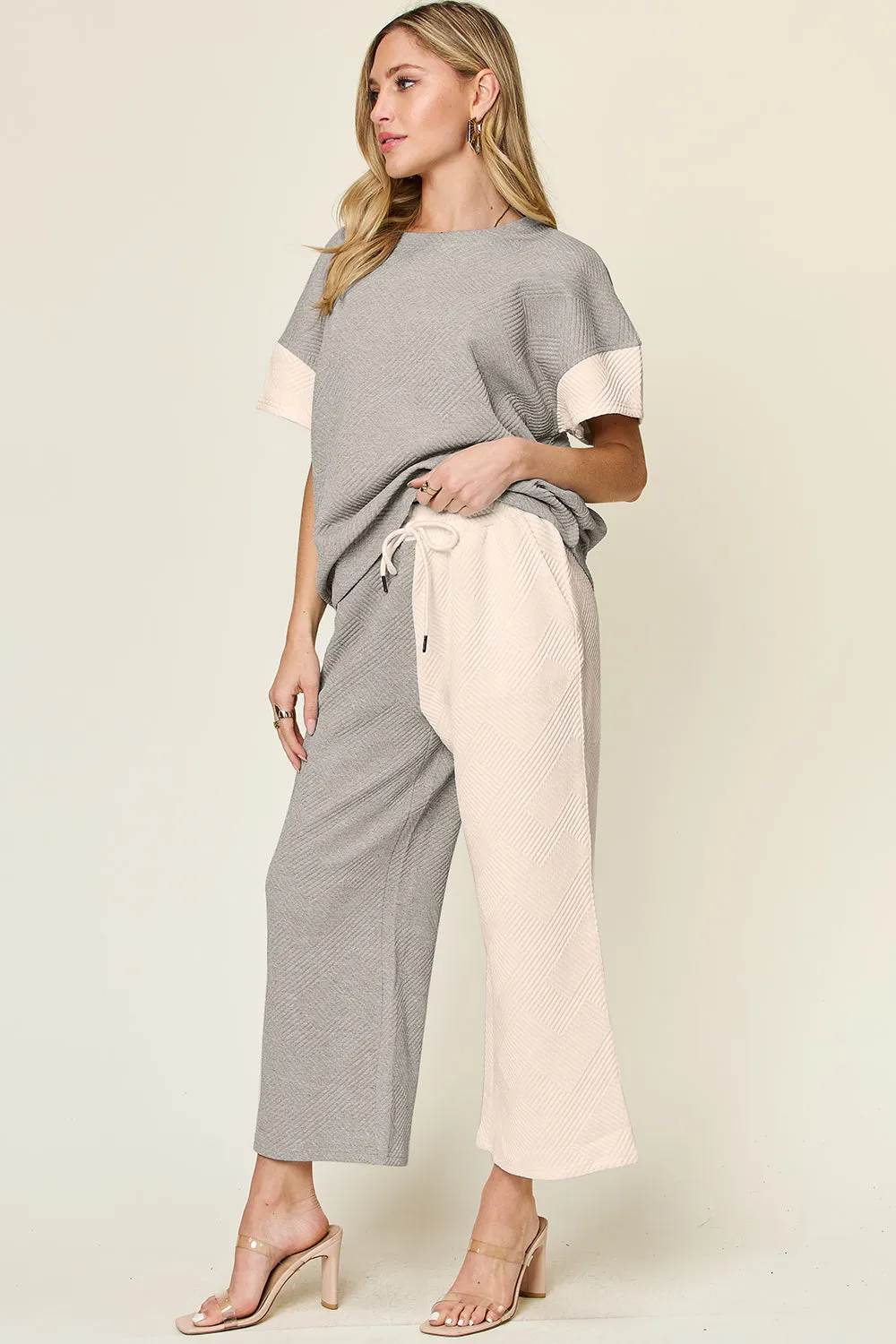Delaney Full Size Texture Contrast T-Shirt and Wide Leg Pants Set