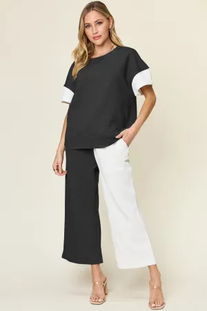 Delaney Full Size Texture Contrast T-Shirt and Wide Leg Pants Set