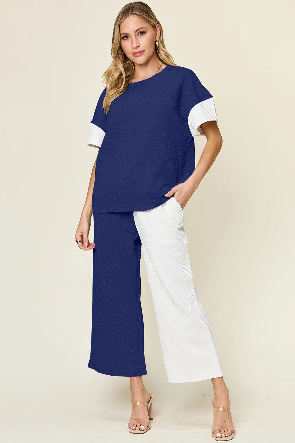 Delaney Full Size Texture Contrast T-Shirt and Wide Leg Pants Set