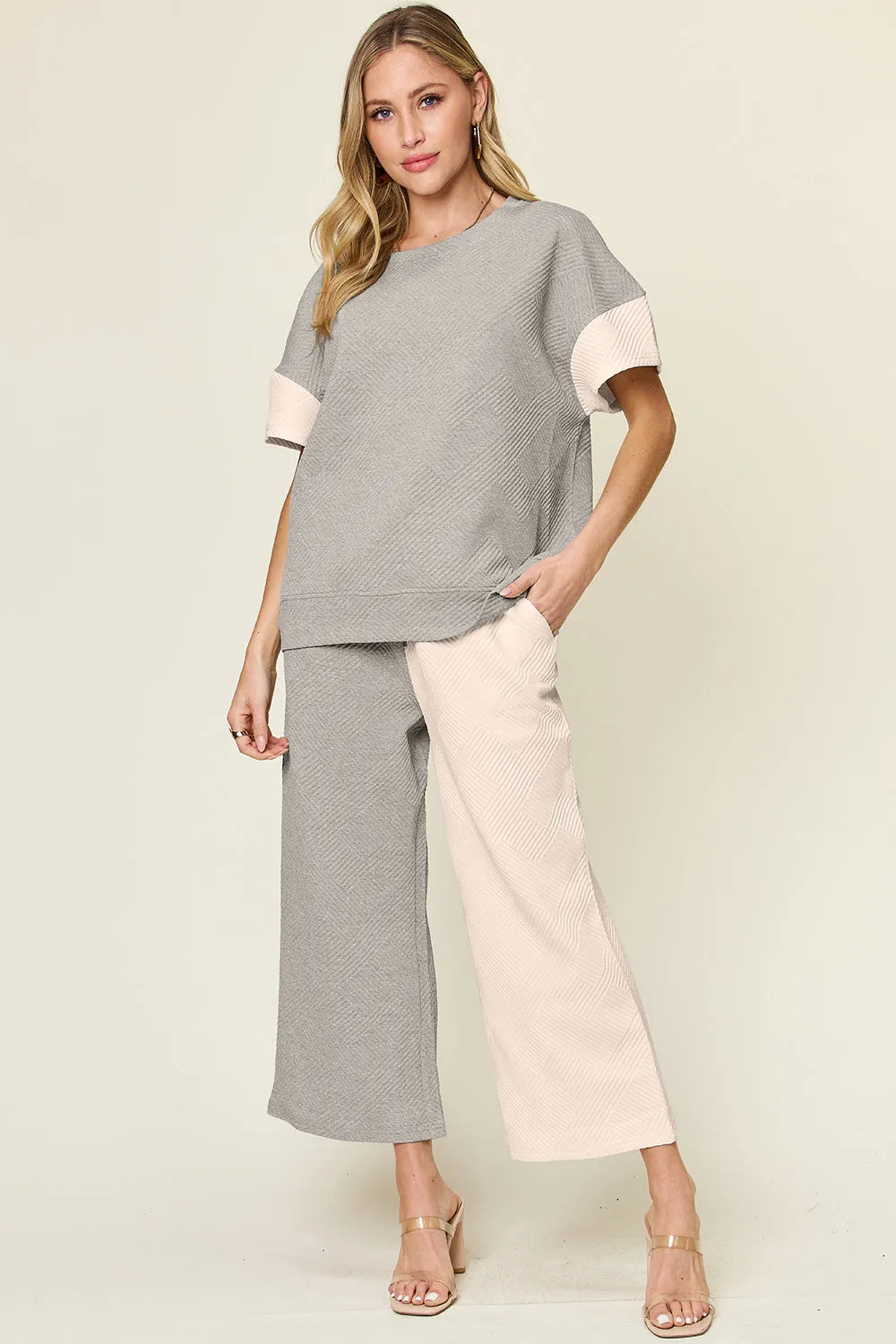 Delaney Full Size Texture Contrast T-Shirt and Wide Leg Pants Set