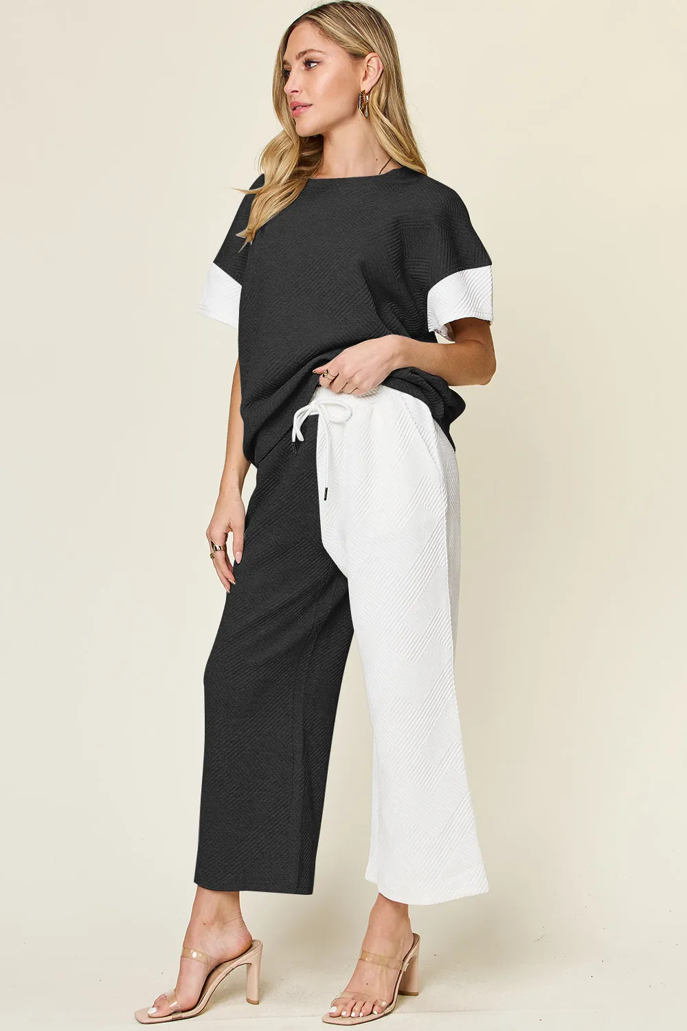 Delaney Full Size Texture Contrast T-Shirt and Wide Leg Pants Set