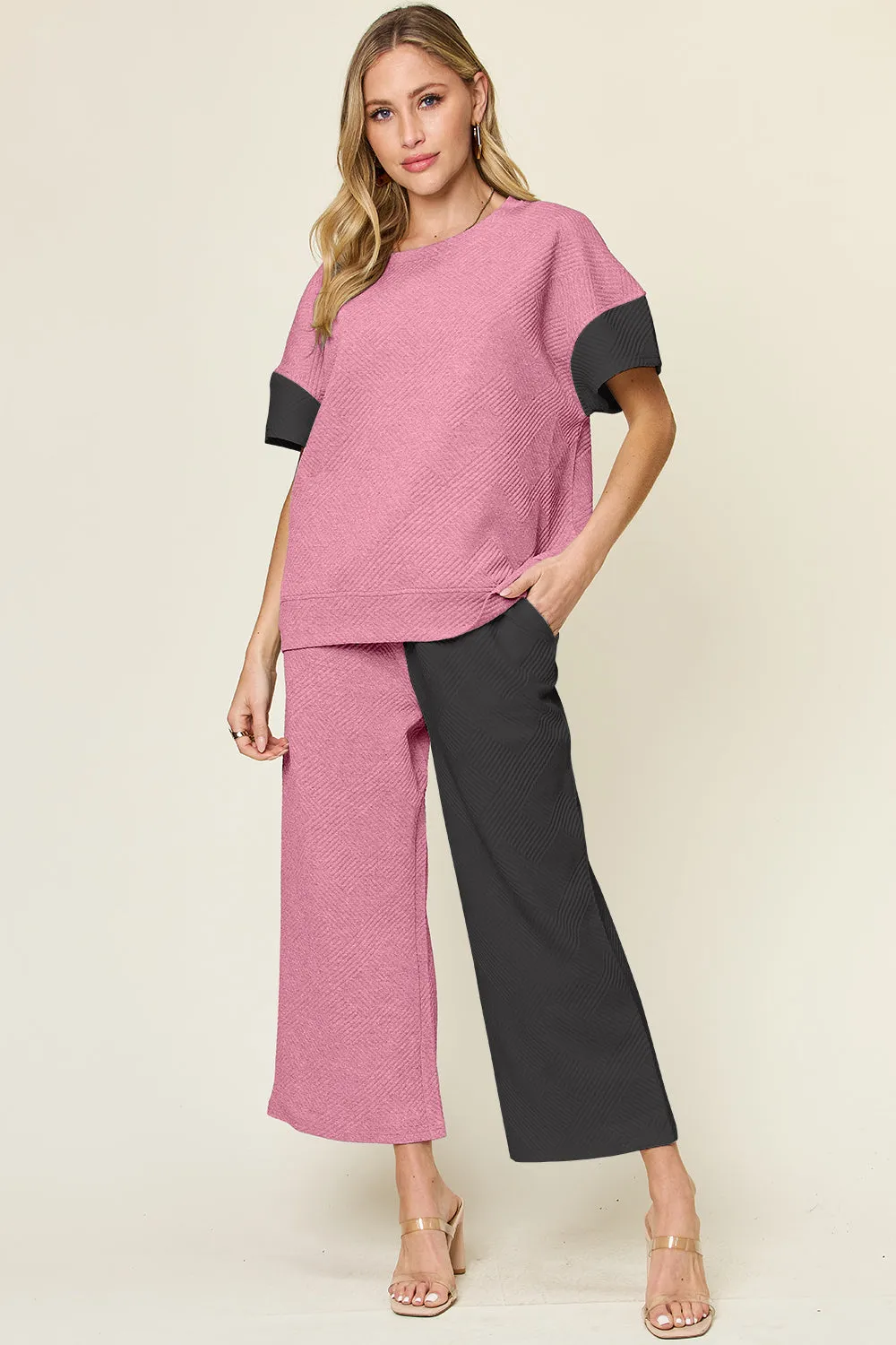 Delaney Full Size Texture Contrast T-Shirt and Wide Leg Pants Set